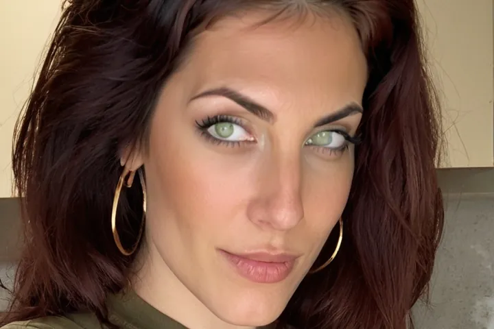 Woman with shoulder-length auburn hair in an olive fitted top in a kitchen, decorative image